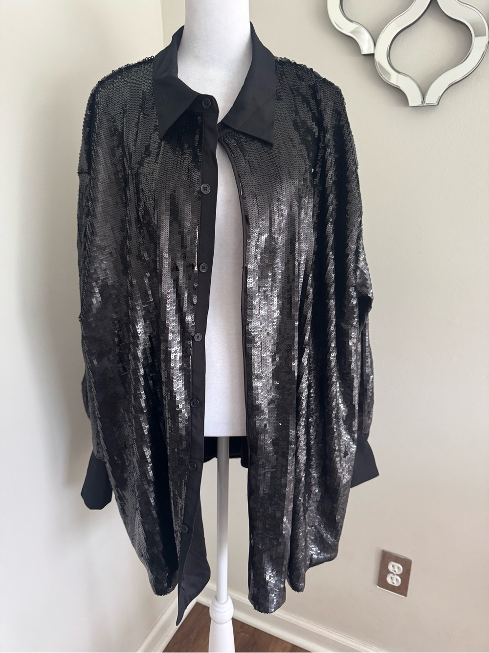 Black Sequin Button-Front Blazer Jacket